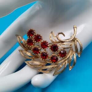 Vintage Red Rhinestone Floral Brooch, Mid-Century, Vintage Jewelry